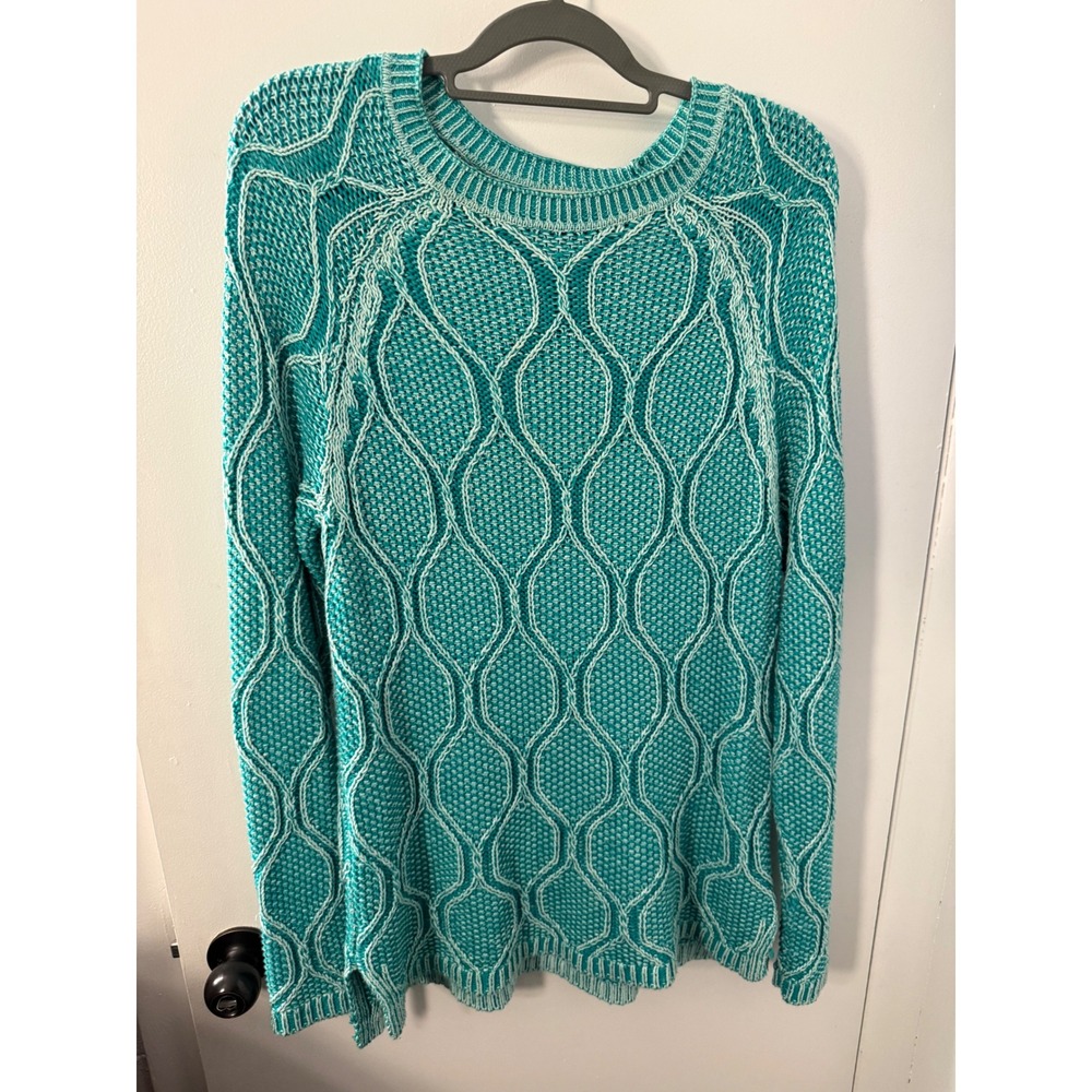 Lands End Womens Teal White Wavy Cable Knit Cotton Sweater Crewneck Large 14-16